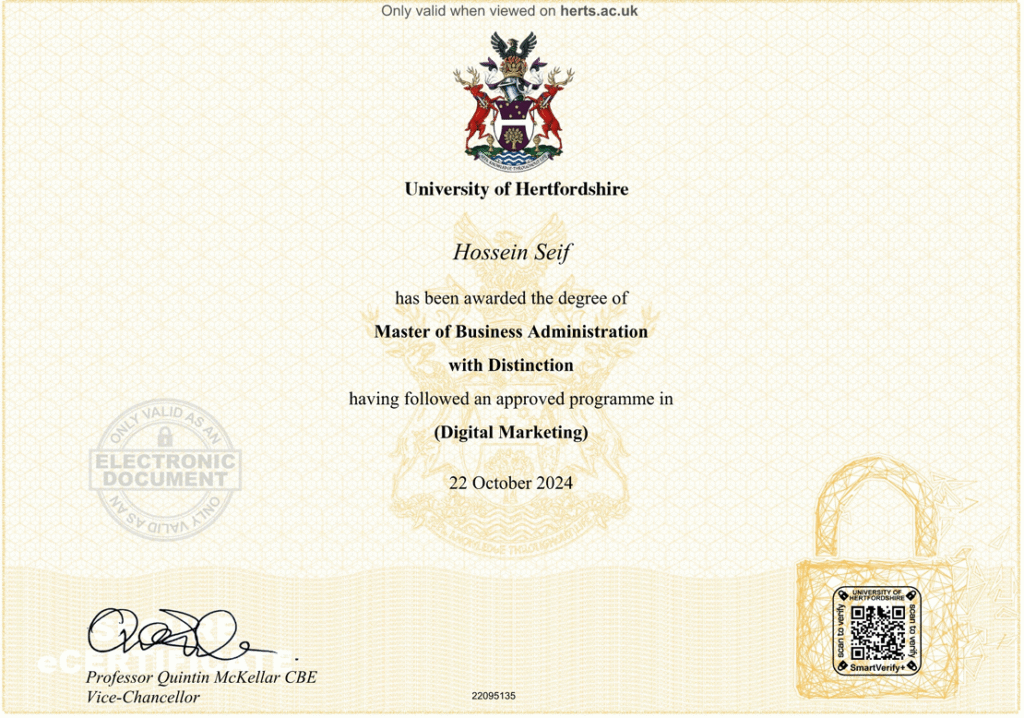 مدرک حسین سیف از انگلستان